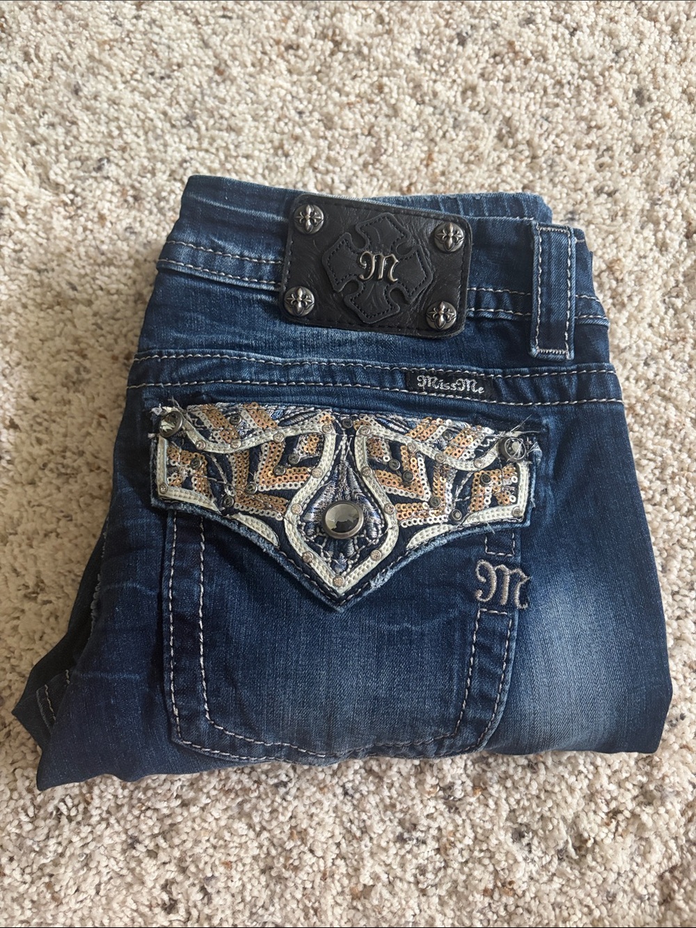 Miss Me Women's Bootcut Jeans in Dark Blue with Faded Knees